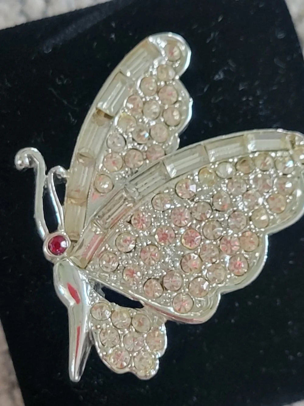 Vintage 1950-1960 Silver-Tone Crystal Butterfly Brooch with Red Accent